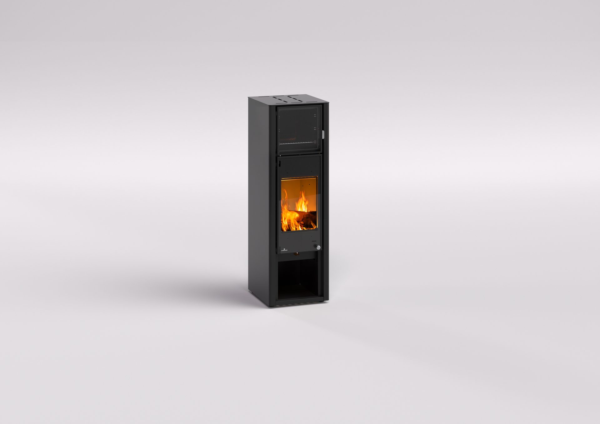 A tall, black wood-burning stove with a burning fire, on a light gray background.