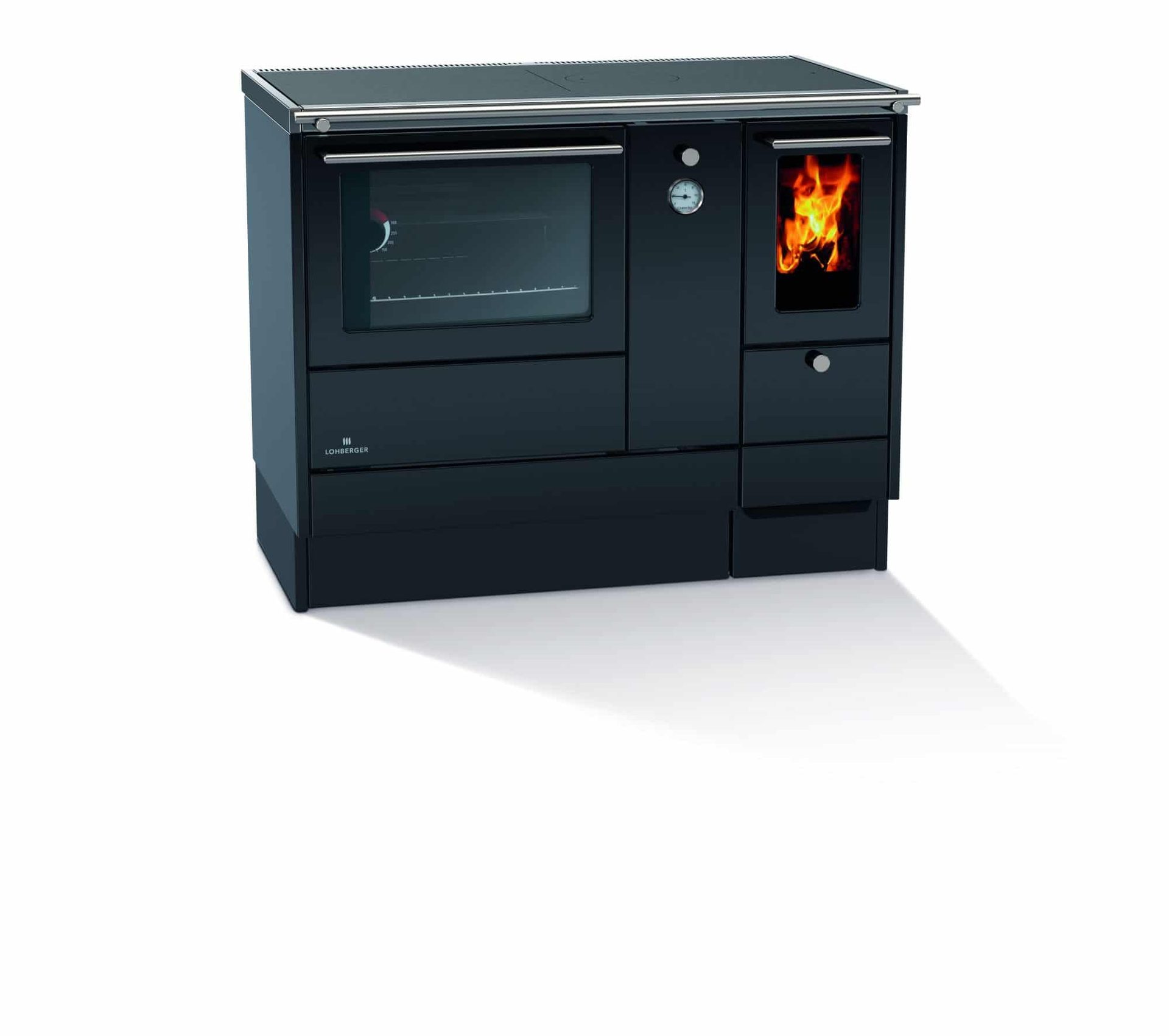 Black Lohberger wood-fired kitchen range with oven and visible flames.