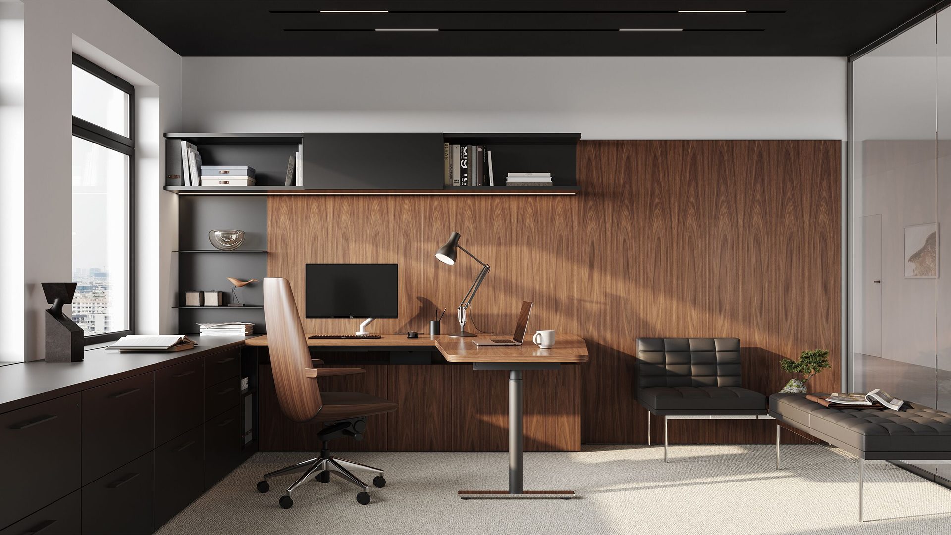 Modern home office with wood wall, L-shaped desk, ergonomic chair, and built-in shelving.