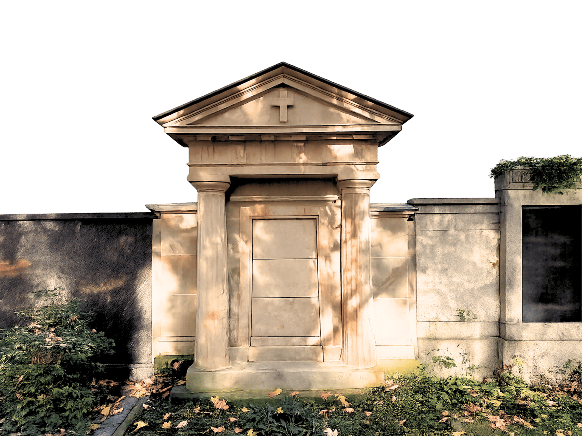 A stone mausoleum with a cross and pillars, flanked by walls and ground covered in leaves.