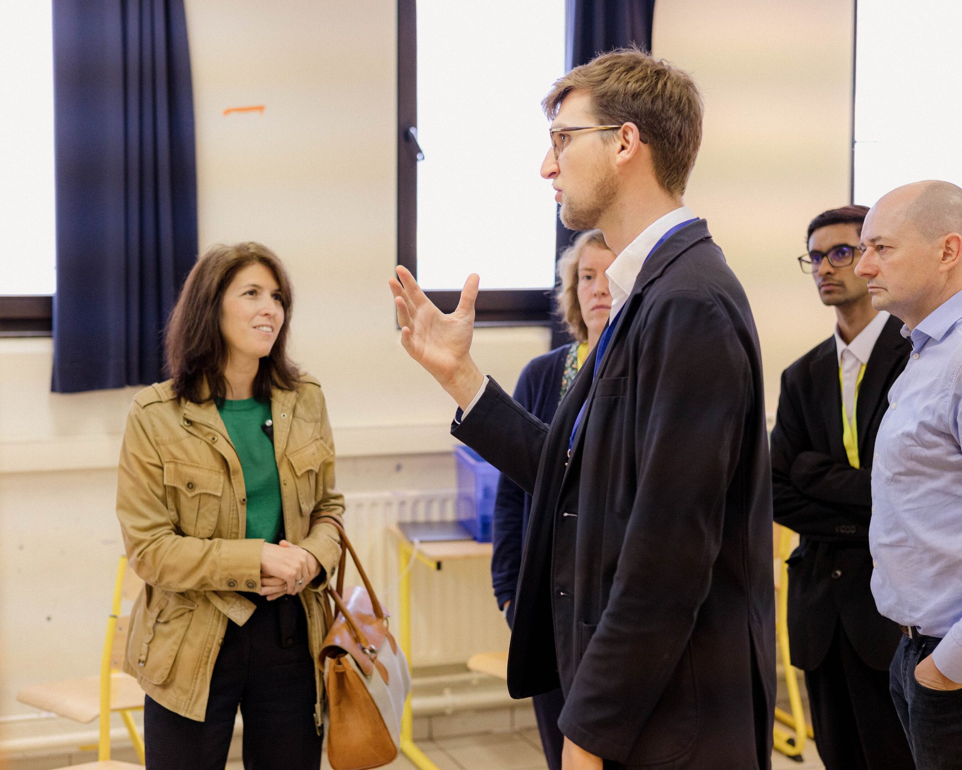 Glasses, Coat, Gesture, Interaction, Curtain