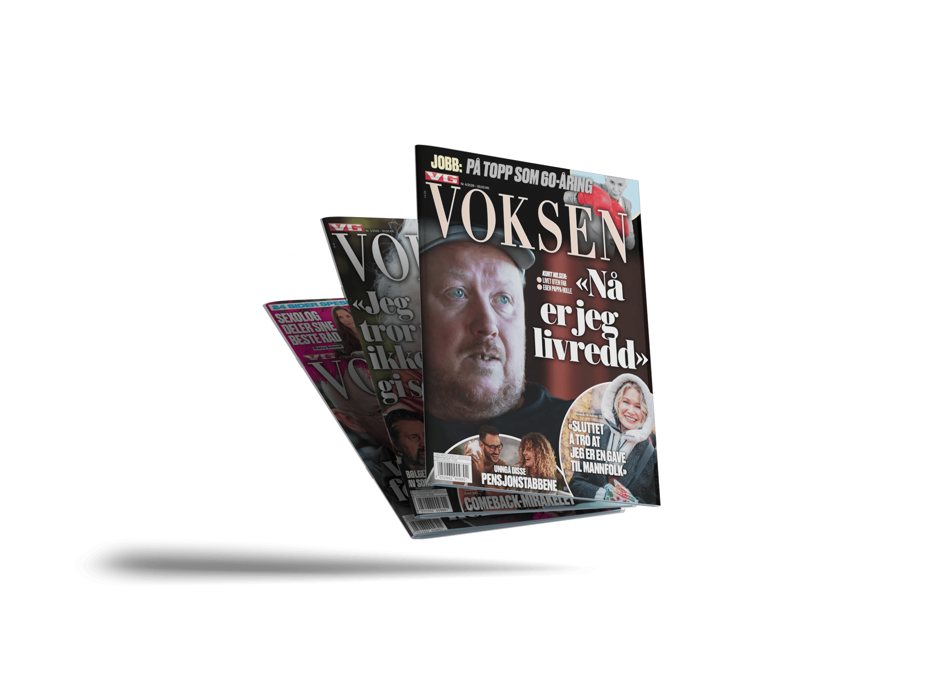 A stack of magazines with the top one titled 'VOKSEN' featuring a man with blue eyes on the cover and headlines.