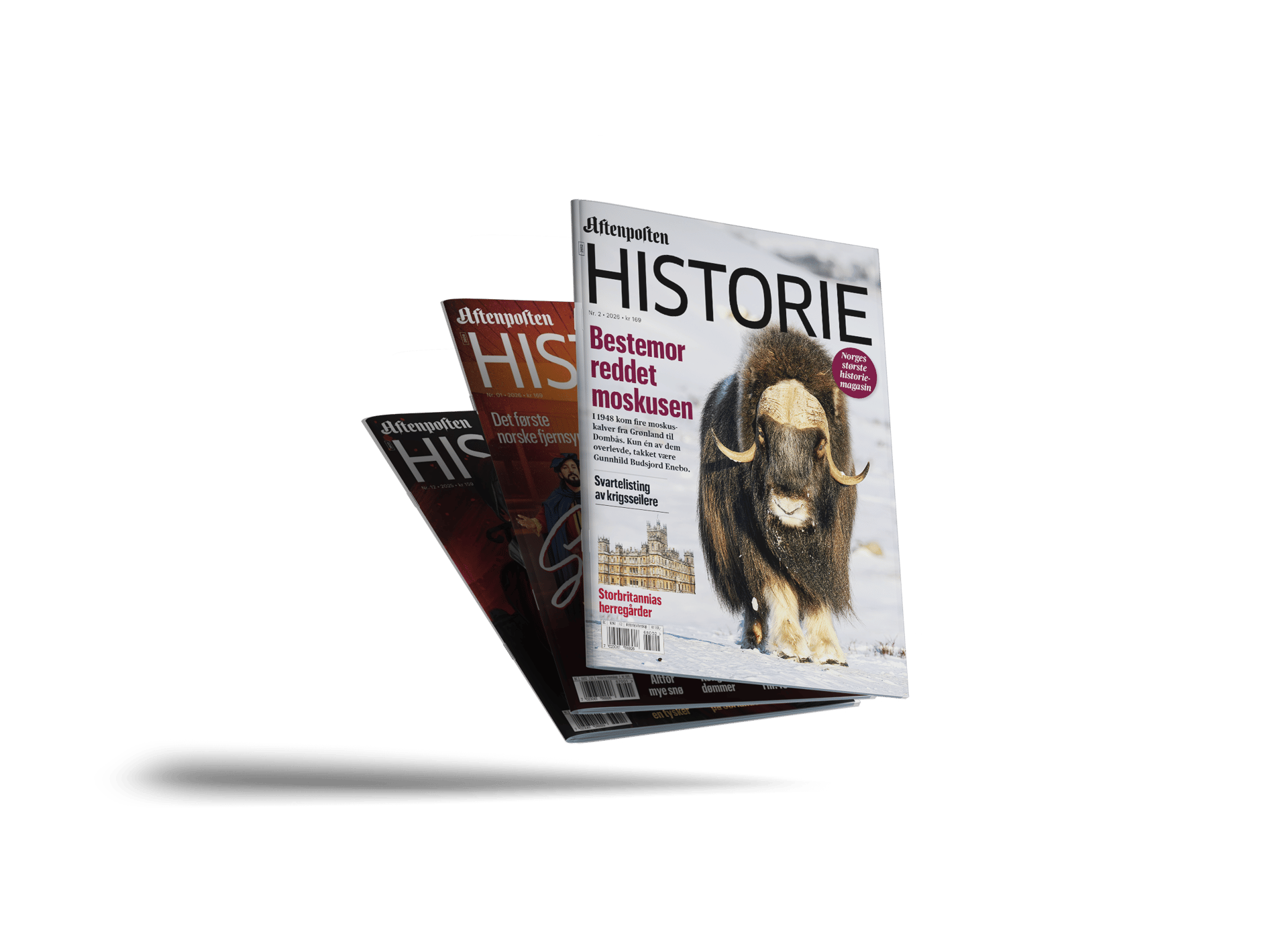 Three Aftenposten Historie magazines are stacked and fanned out, with the front one featuring a musk ox.