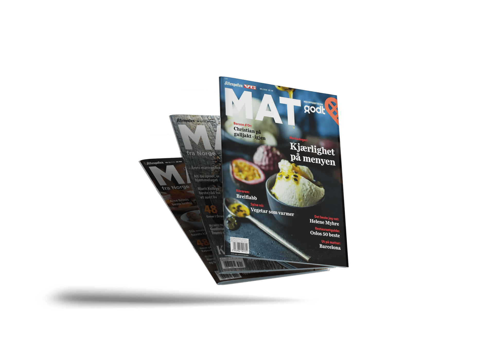 A stack of three food magazines, with the top "MAT" magazine showing a dessert with passion fruit.