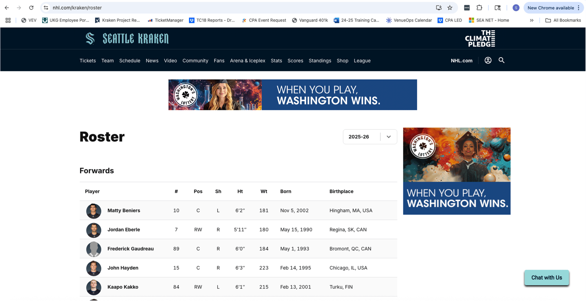 Seattle Kraken NHL 2025-26 roster webpage displaying forwards' stats.