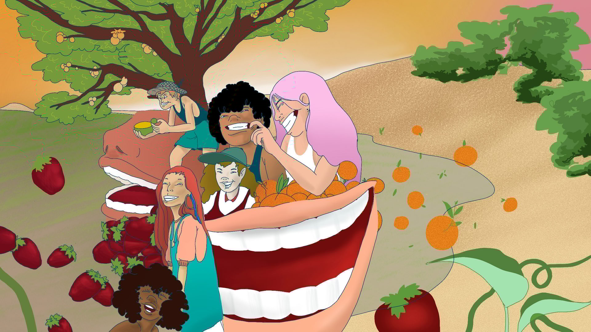 People in nature, Facial expression, Smile, Cartoon, Green, Happy, Sharing, Gesture, Interaction, Greeting
