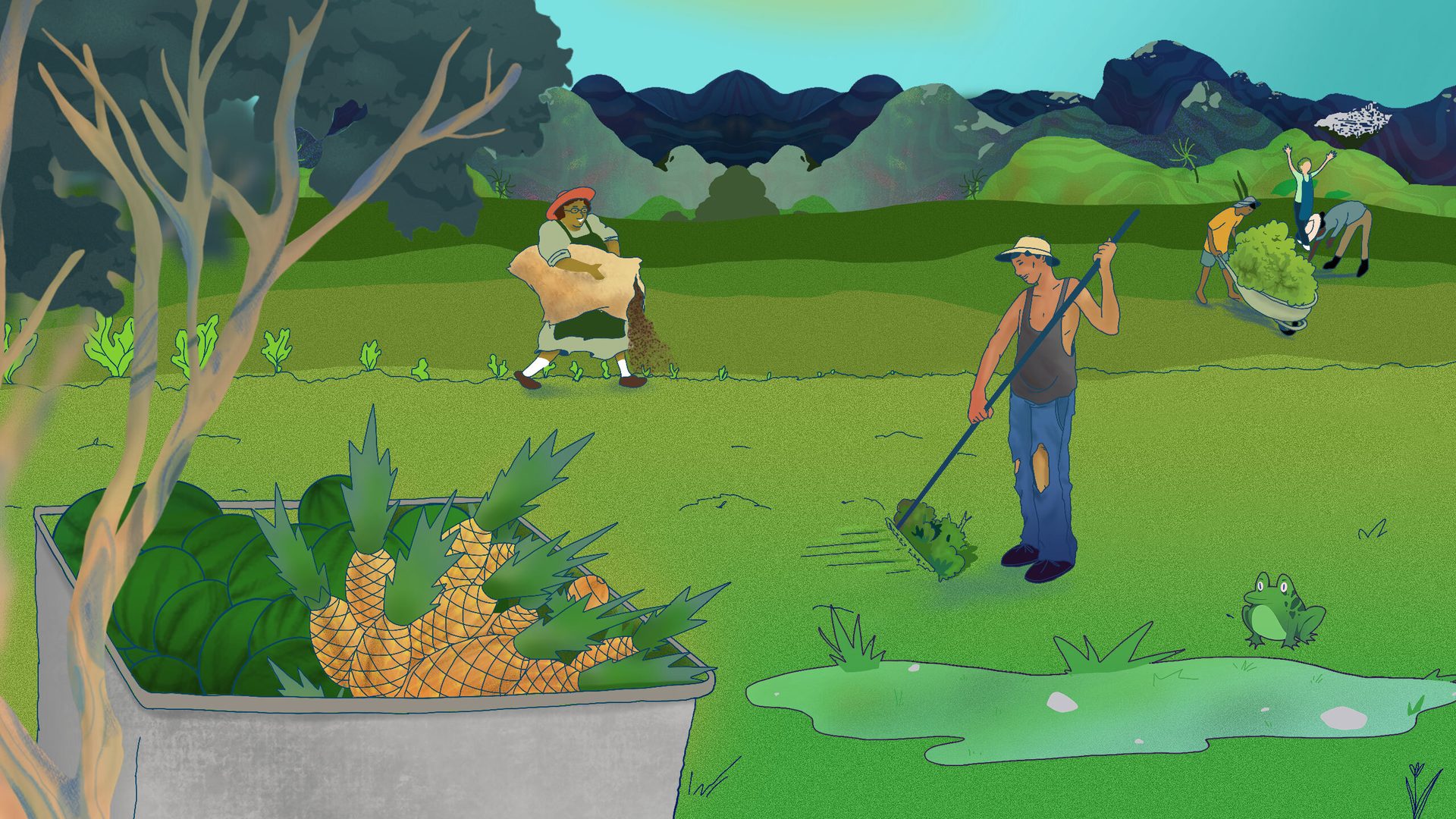 People in nature, Natural environment, Golf equipment, Ecoregion, Vertebrate, Green, Cartoon, Plant