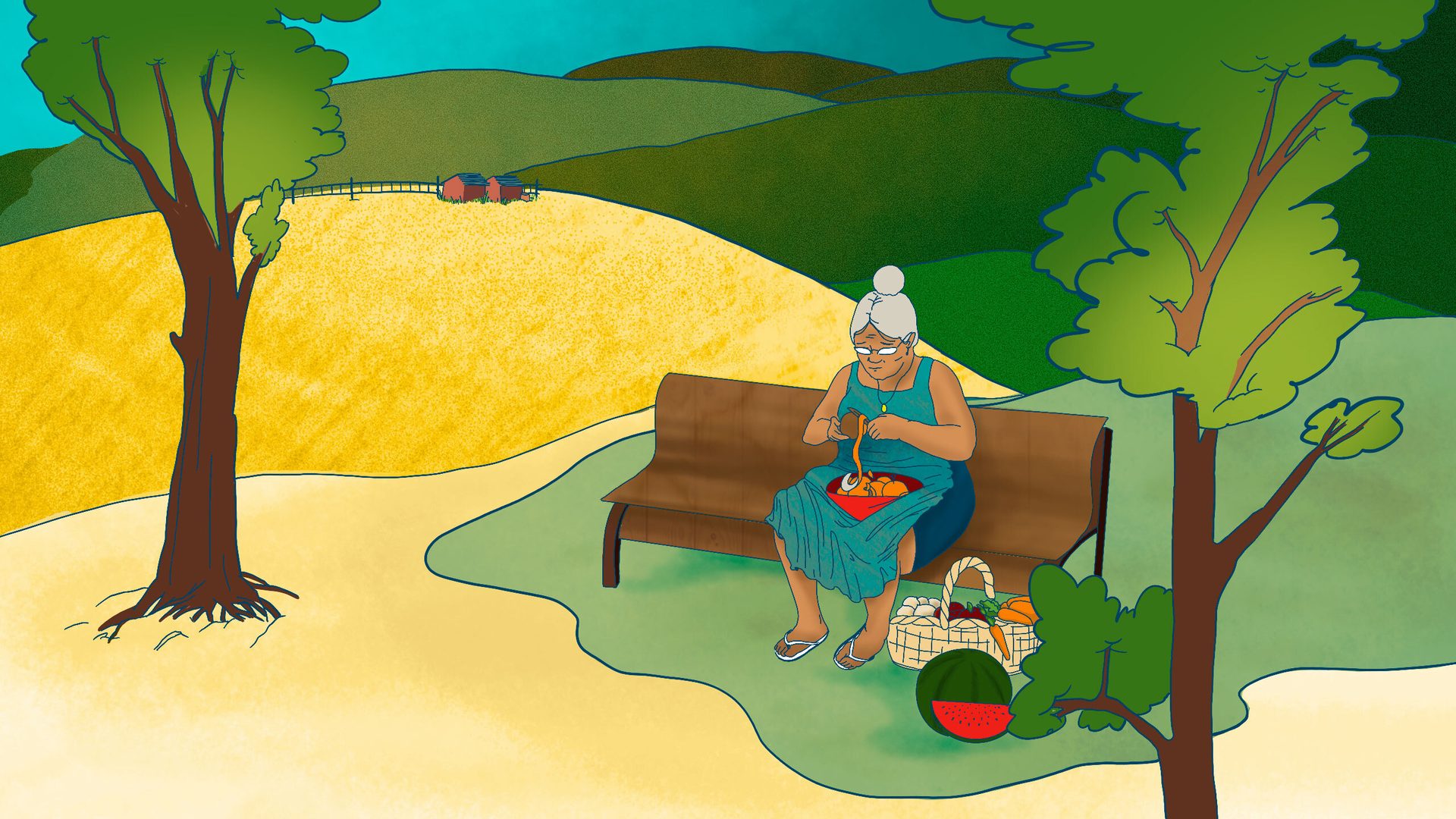 People in nature, Natural environment, Ecoregion, Green, Cartoon, Leaf, World, Organism, Tree, Grass