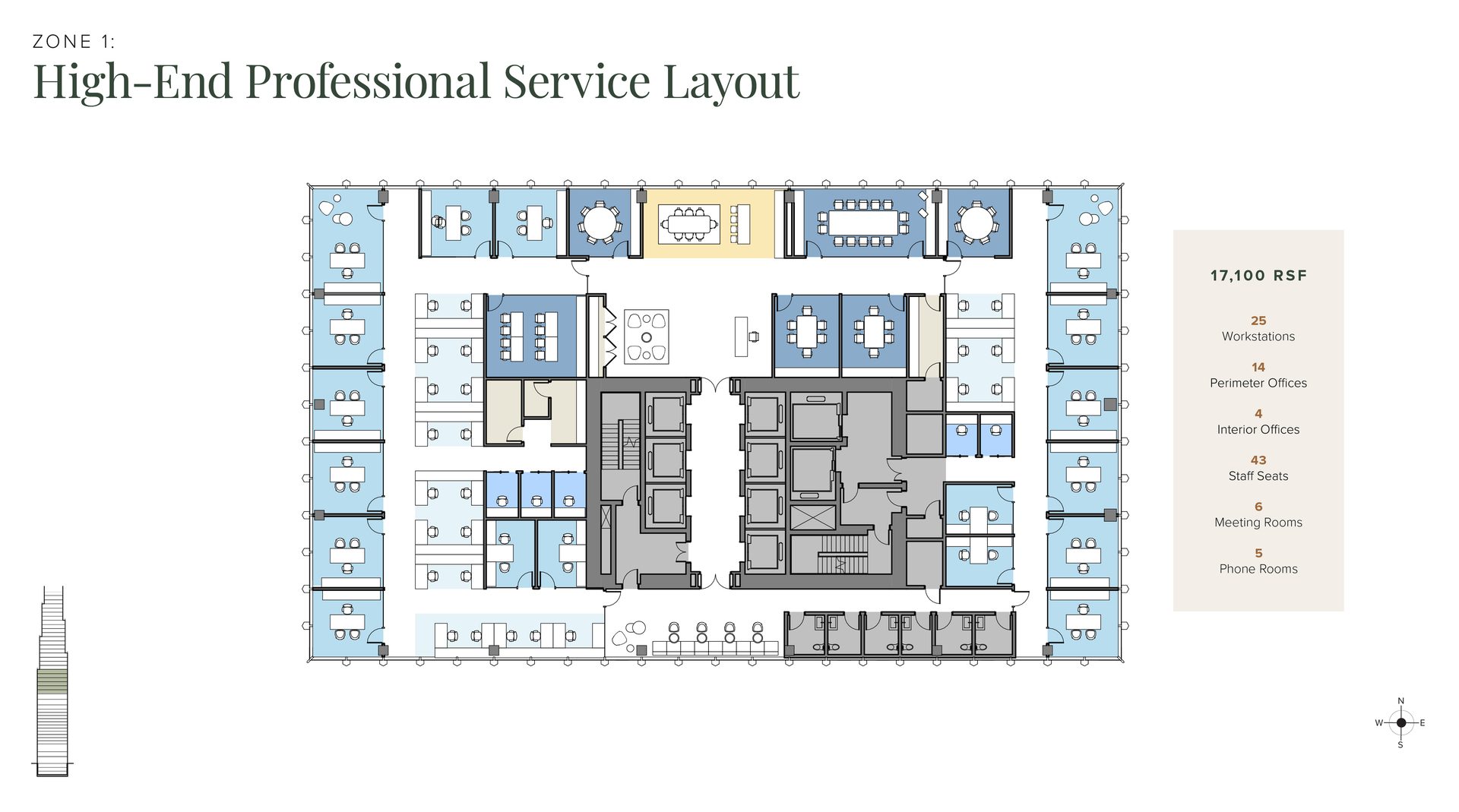 Floor plan of a High-End Professional Service Layout, showing office types and seating counts.