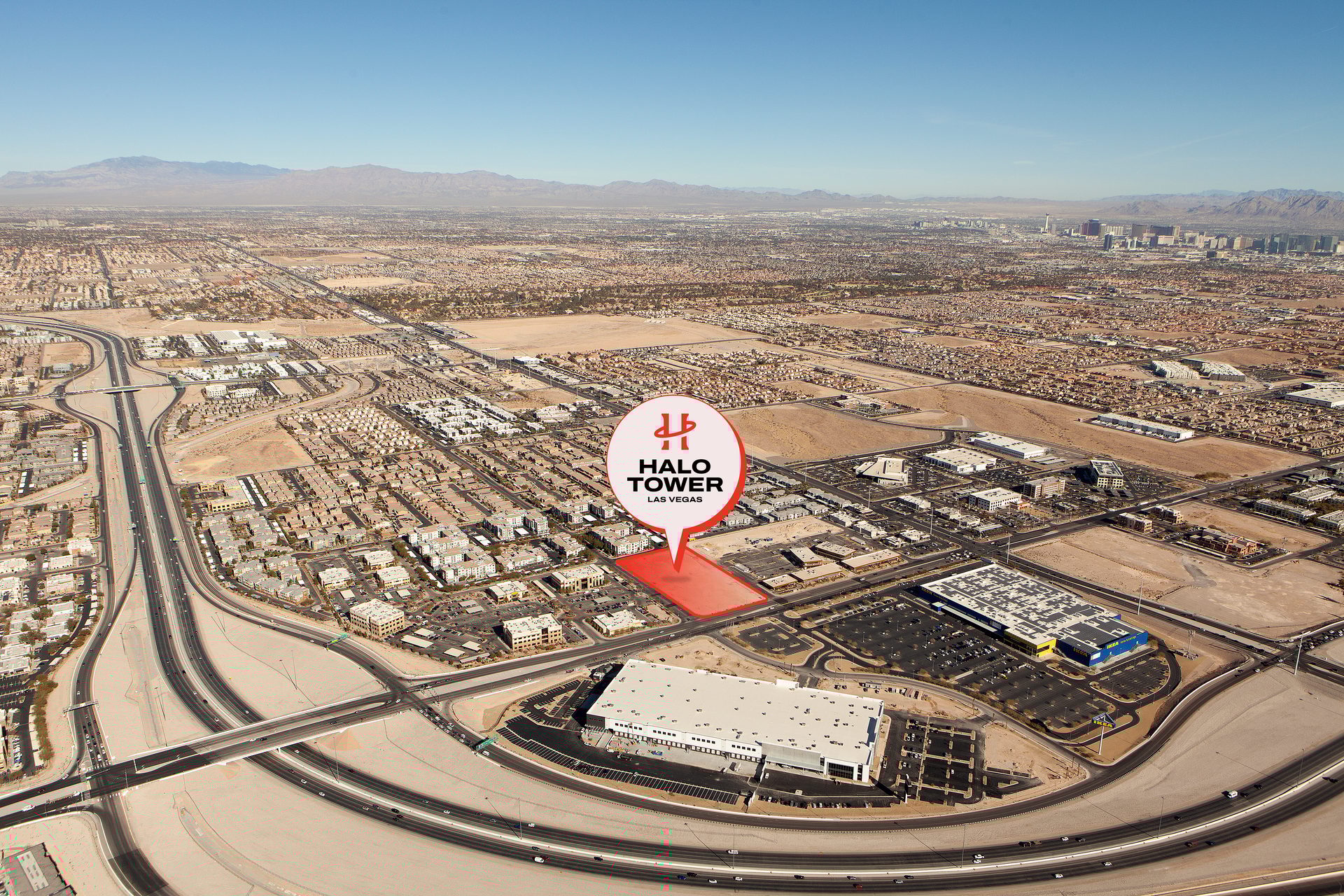 Aerial view of Las Vegas cityscape, highlighting a plot for Halo Tower next to an IKEA store.