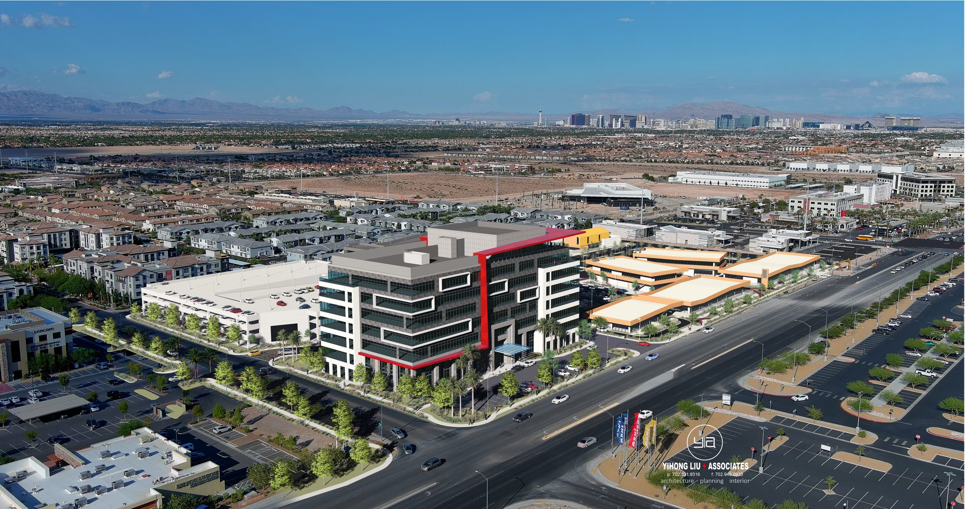 Aerial rendering: modern office building with red accents, parking, suburban area, distant city.