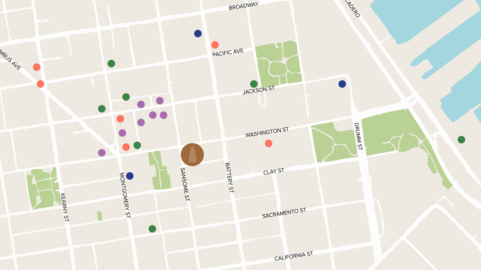 City map with streets, parks, water, and colored markers indicating locations, plus a building icon.