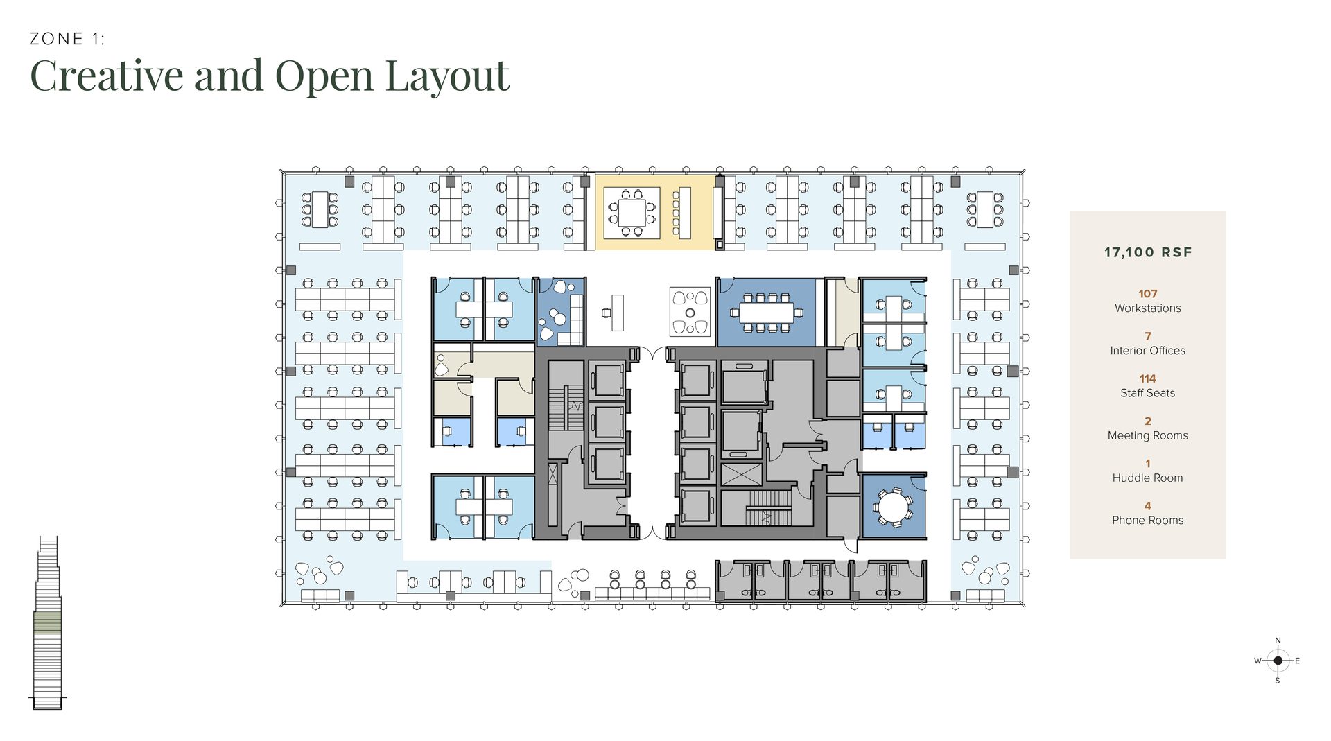 Creative/Open Layout office floor plan: 114 seats, 107 workstations, 7 offices, meeting rooms. 17,100 RSF.