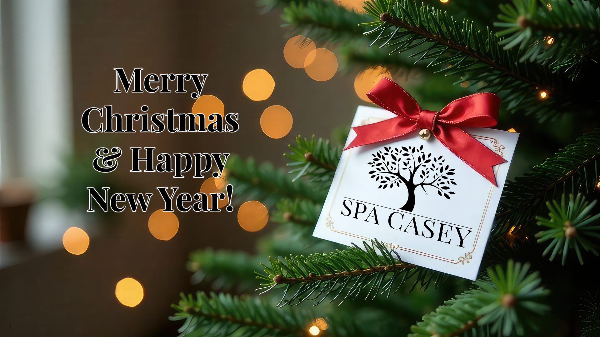 Christmas tree branch with bokeh lights, a "Merry Christmas & Happy New Year!" greeting, and a "SPA CASEY" gift card.