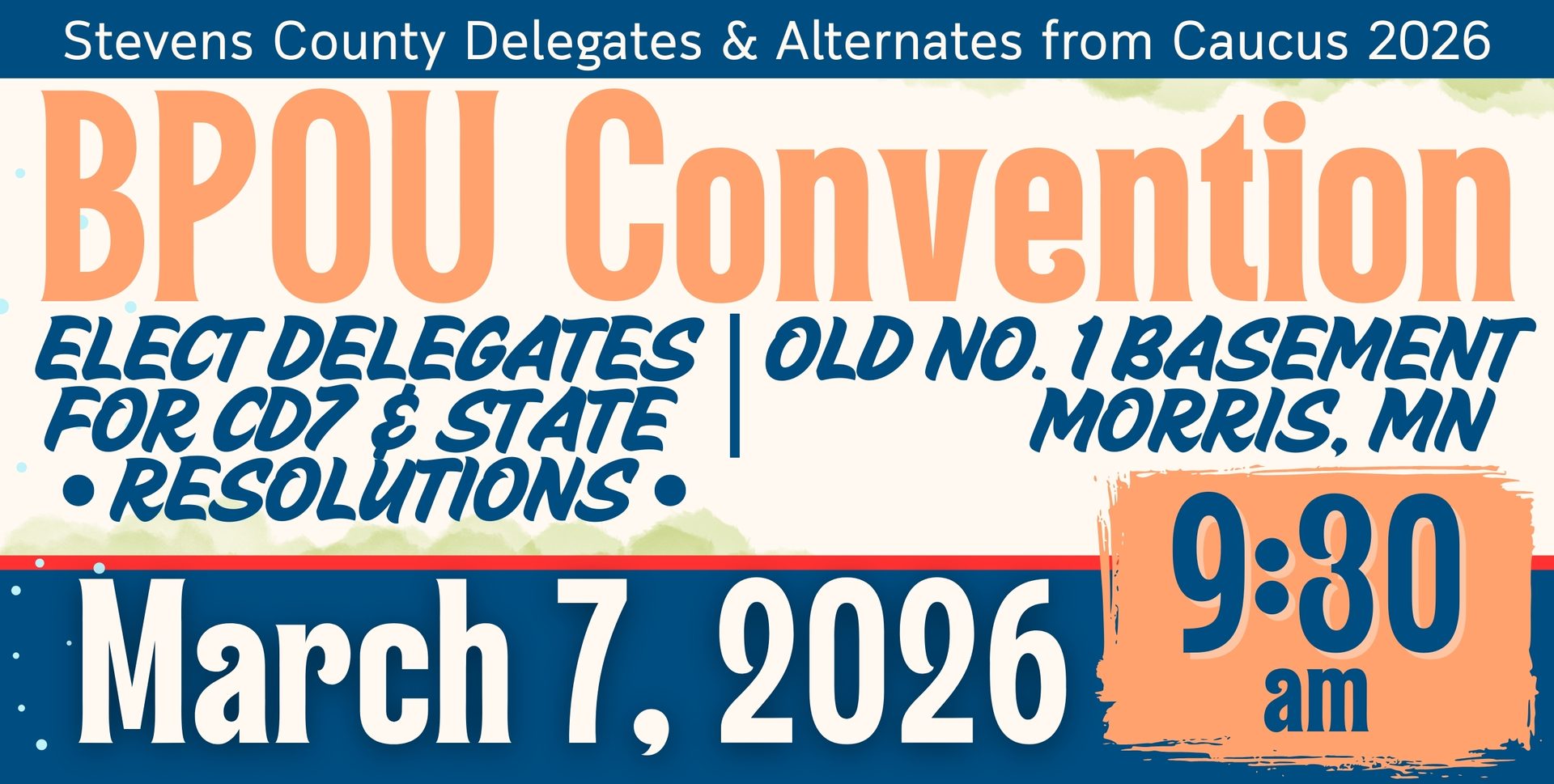 Poster for Stevens County BPOU Convention 2026, electing delegates and discussing resolutions.