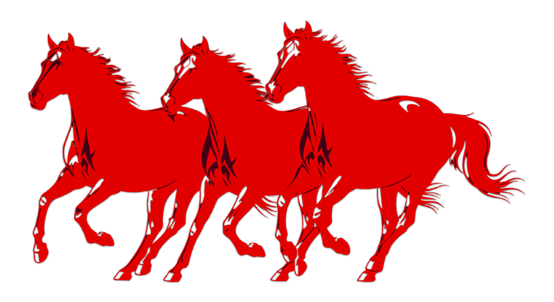 Three stylized red horses galloping on a green background.