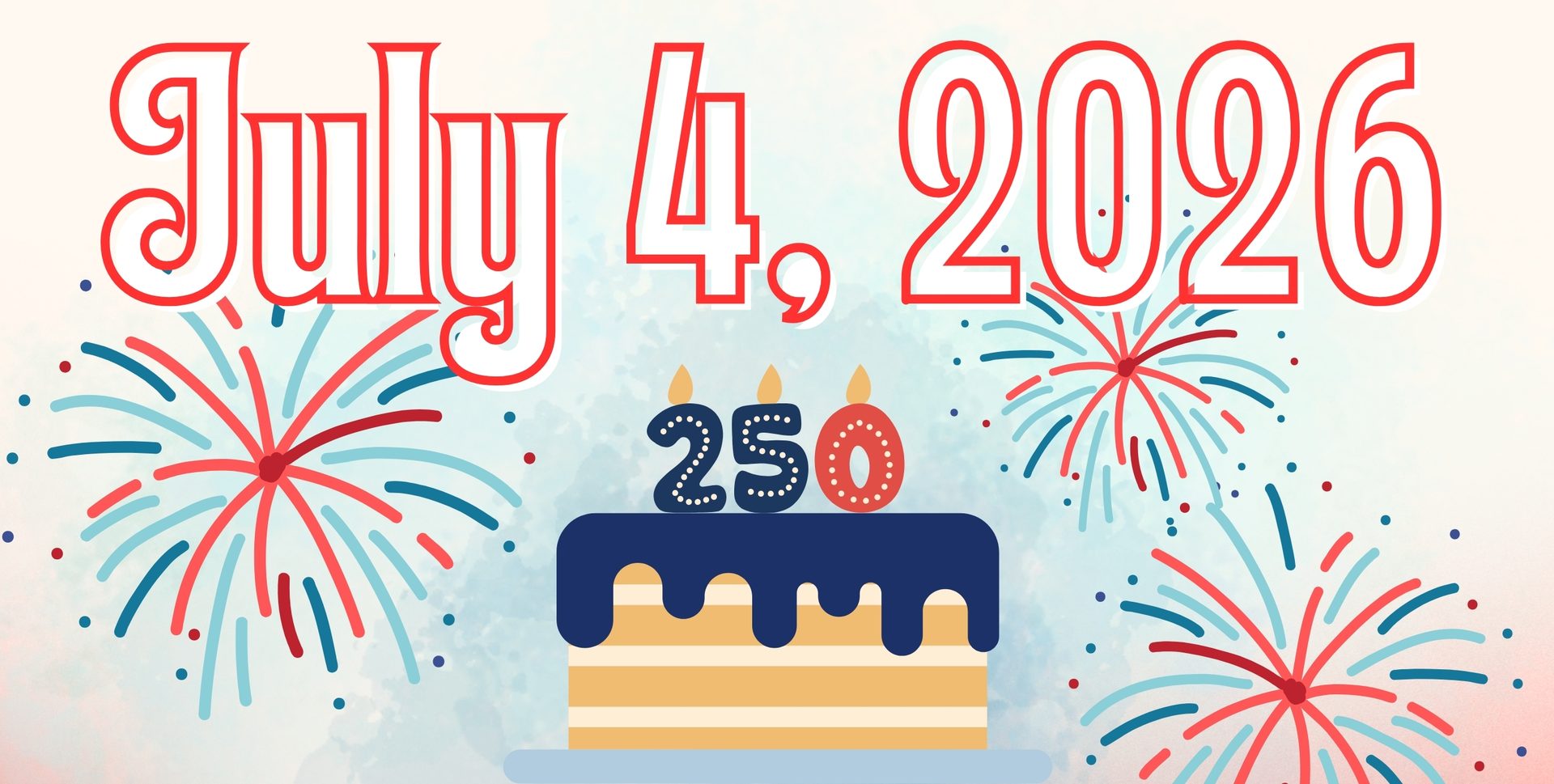 Illustration for July 4, 2026, featuring "250" candles on a cake and fireworks.