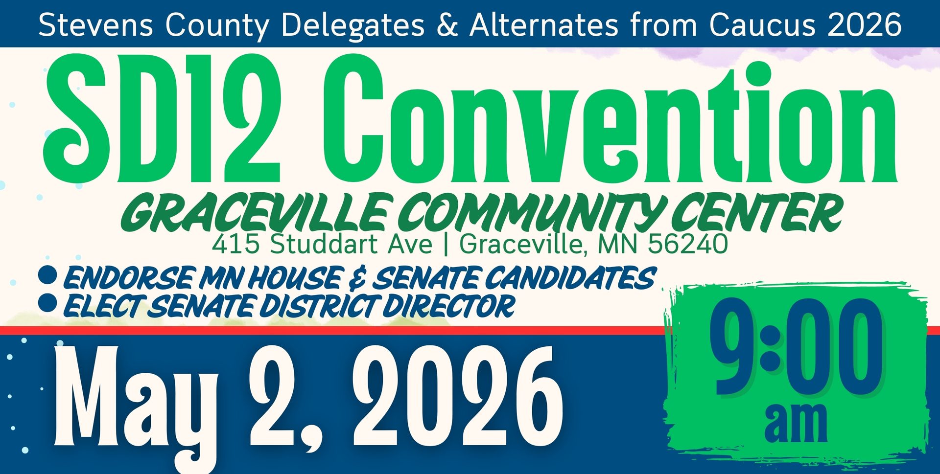 SDI2 Convention 2026 for Stevens County Delegates. May 2, 9 AM, Graceville Community Center.