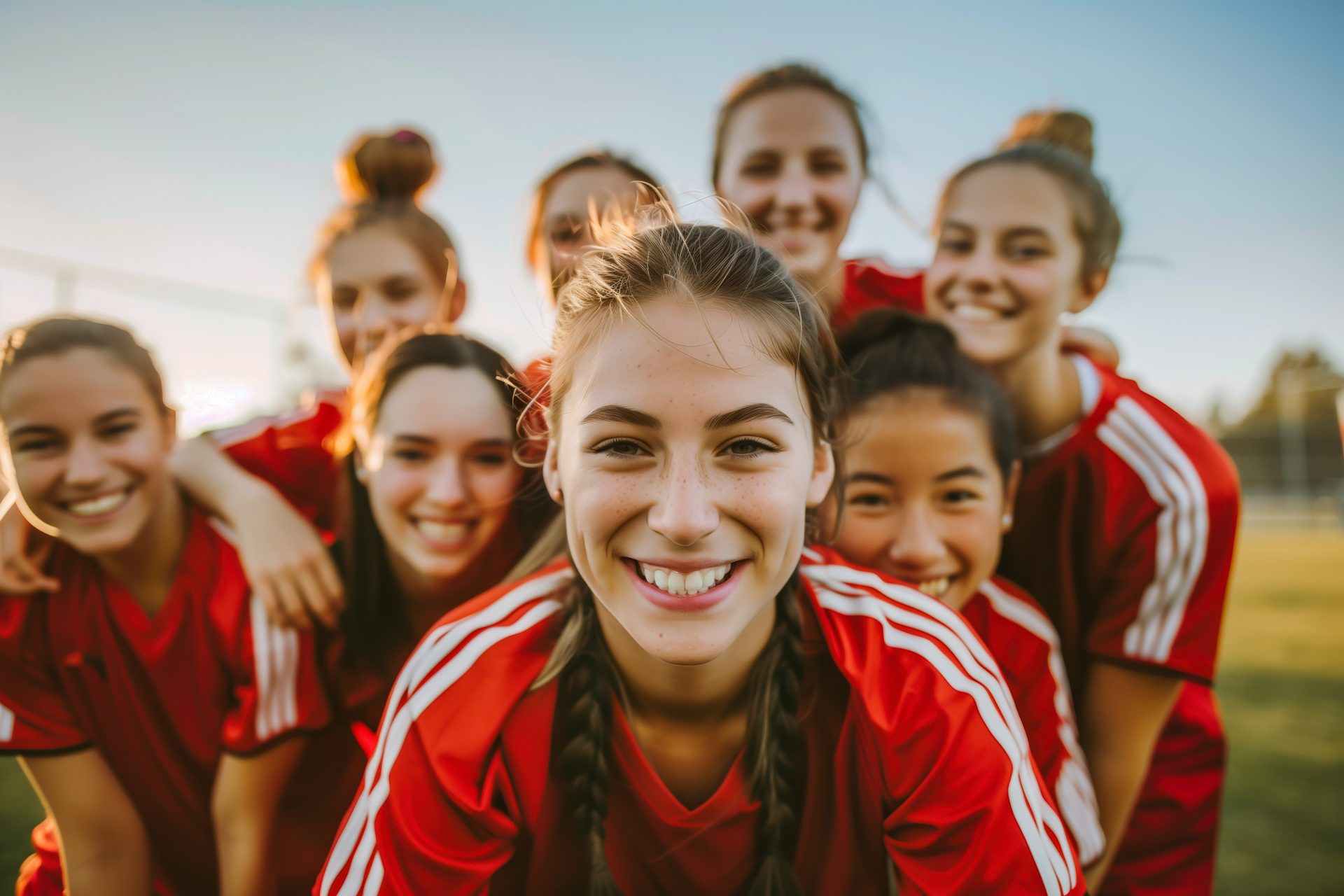 Smiling young female soccer team in red jerseys, one player in sharp focus.