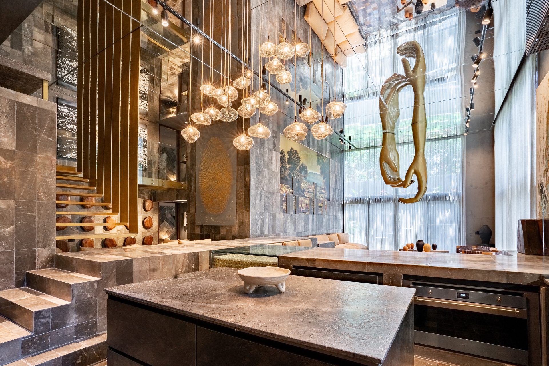 Interior design, Light fixture, Natural material, Wood, Lighting, Flooring, Ceiling, Floor, Glass