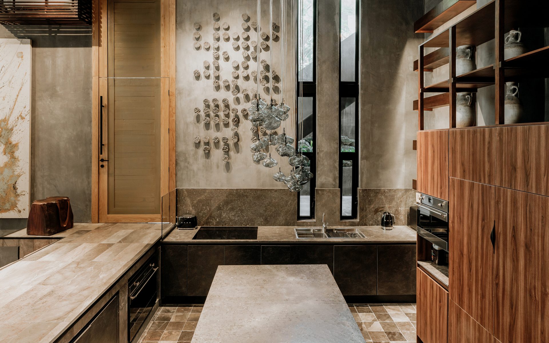 Interior design, Light fixture, Wood stain, Flooring, Kitchen, Floor, Lighting, Countertop, Furniture