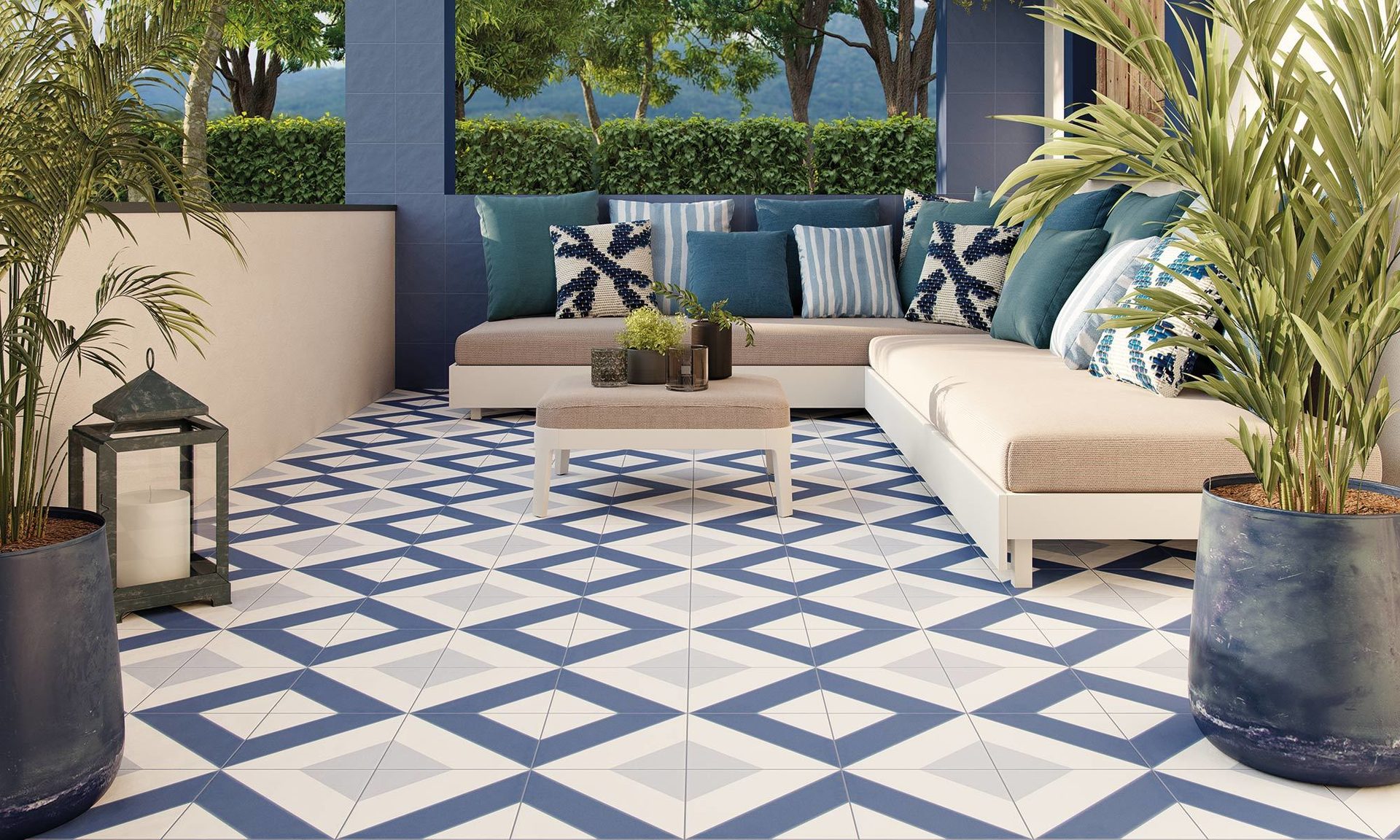 Interior design, Outdoor furniture, Living room, Tile flooring, Plant, Property, Couch, Azure, Floor
