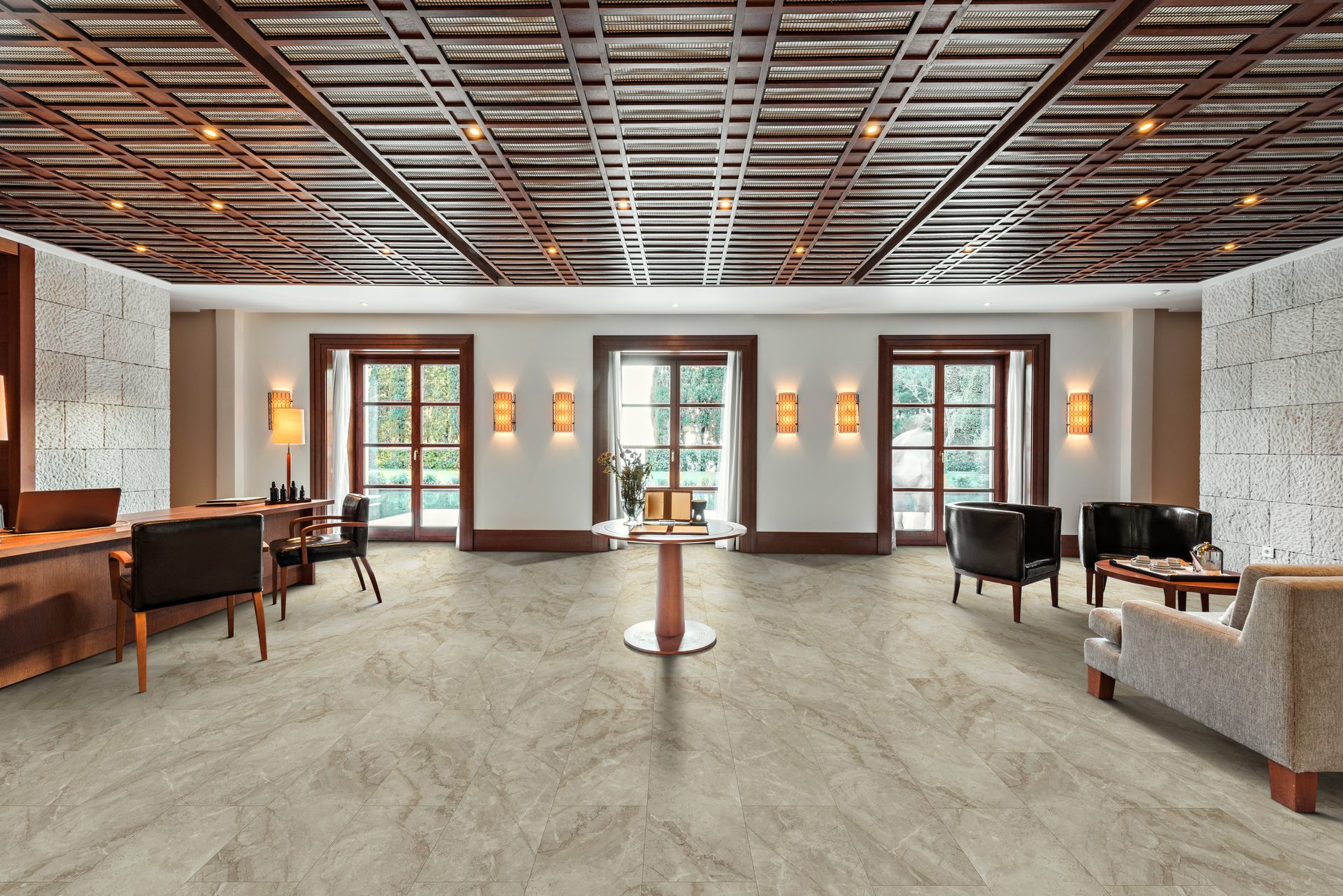 Interior design, Table, Furniture, Property, Wood, Lighting, Hall, Architecture, Floor, Flooring