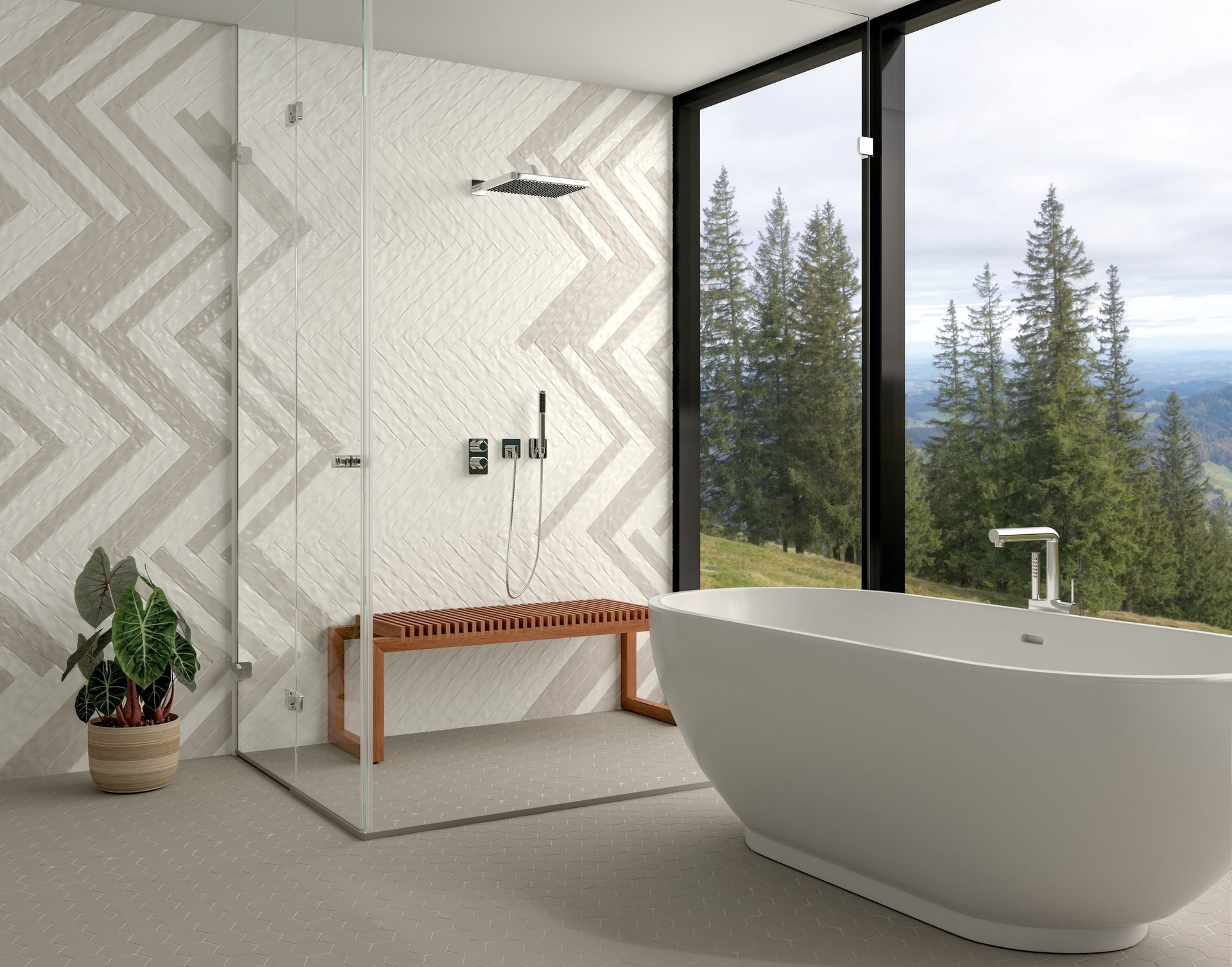 Plumbing fixture, Interior design, Bathtub, Property, Plant, Tap, Sky, Wood, Houseplant, Bathroom