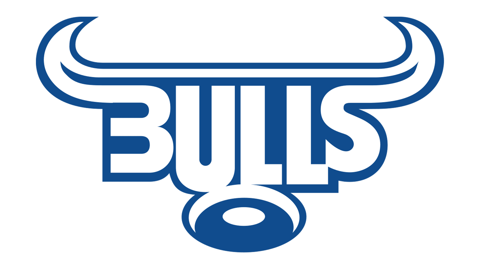 White "BULLS" text with blue outline, stylized as a bull's head and horns.
