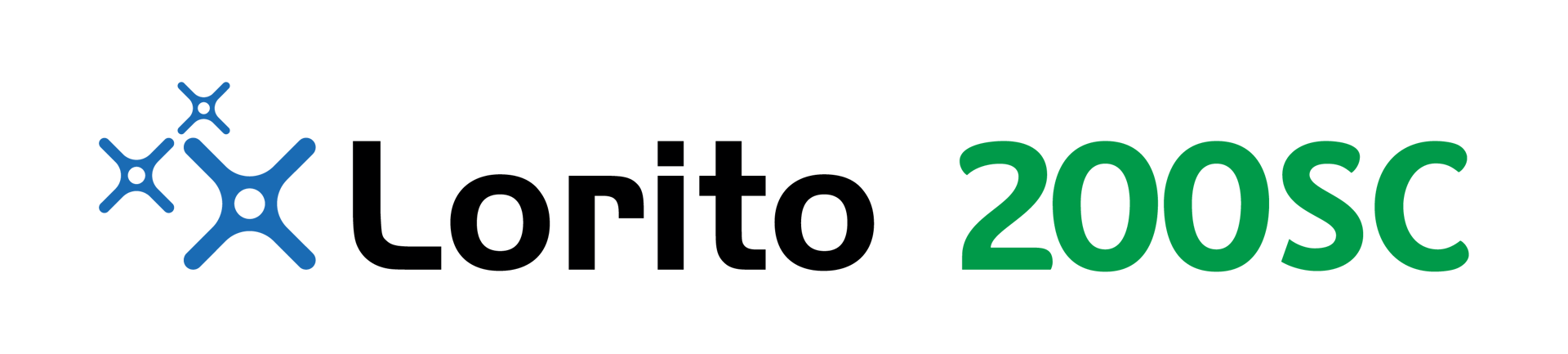Blue star logo with black text "Lorito" and green text "200SC" on a dark green background.