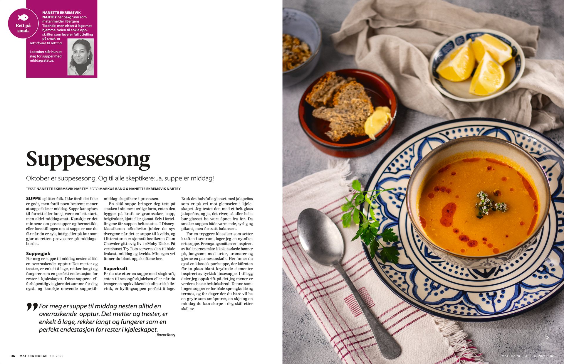 A magazine spread featuring a bowl of orange soup, lemons, bread, and text about soup season.
