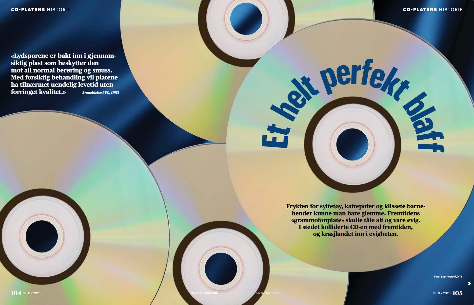 Multiple CDs with Norwegian text about their history, from promised eternal quality to obsolescence.