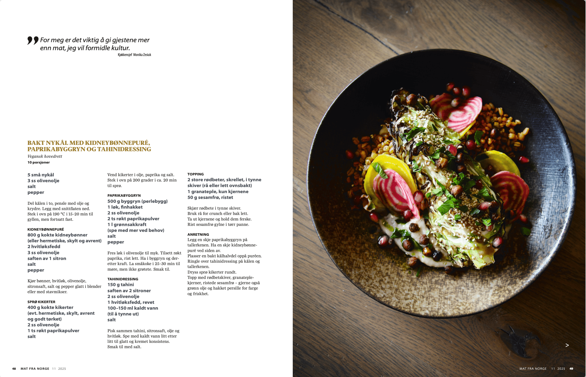 Recipe page with baked cabbage, grains, colorful beets, pomegranate, and sesame in a bowl.