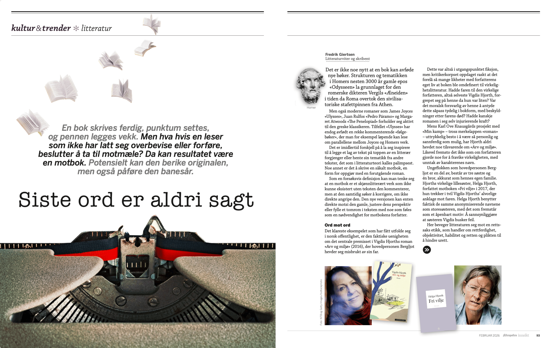 Magazine page: text about literature, headline "Siste ord er aldri sagt", old typewriter, books.