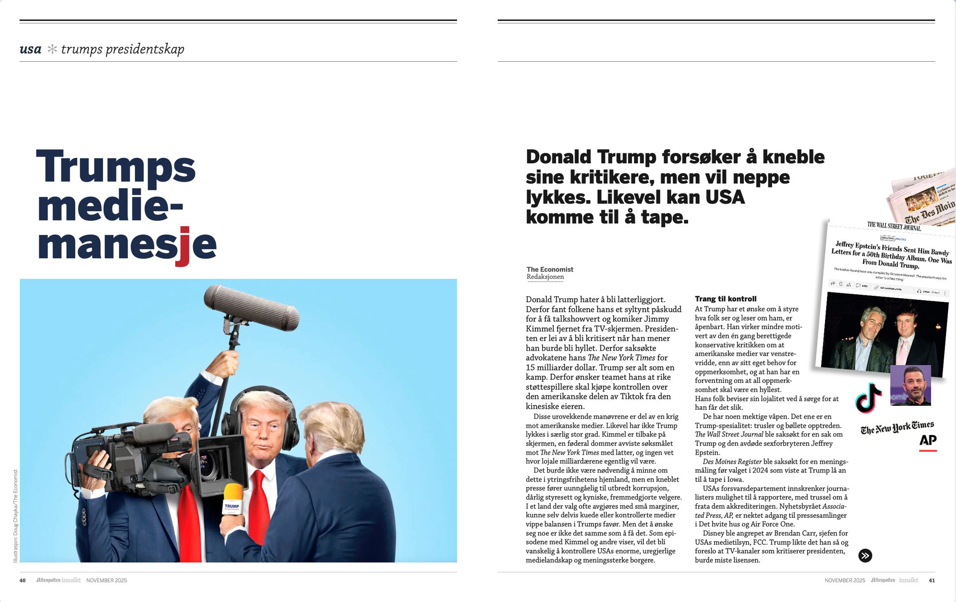 Illustration of Donald Trump in three media roles: filming, being interviewed, and monitoring.