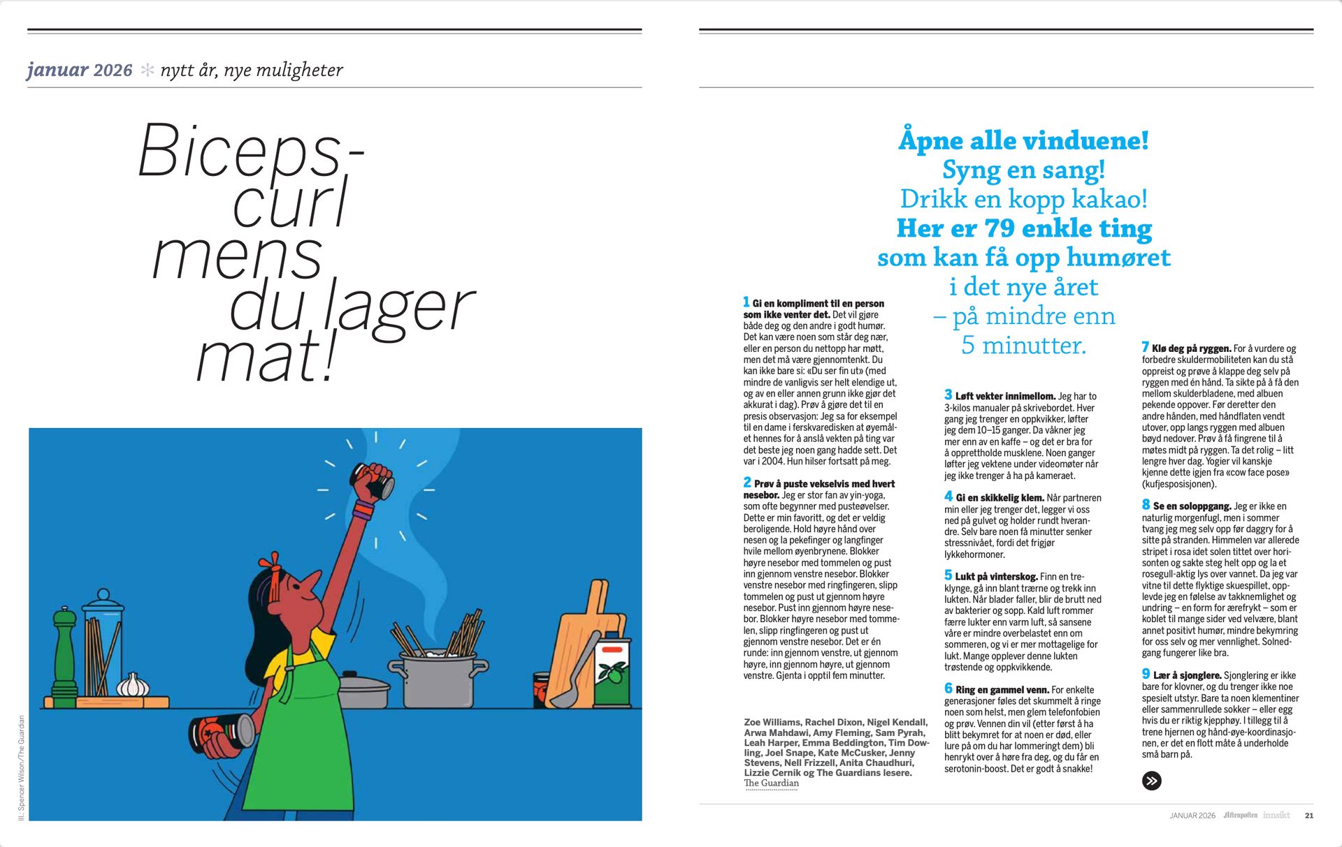 Illustration: A person does bicep curls with cans in a kitchen, next to Norwegian text about mood-lifting tips.