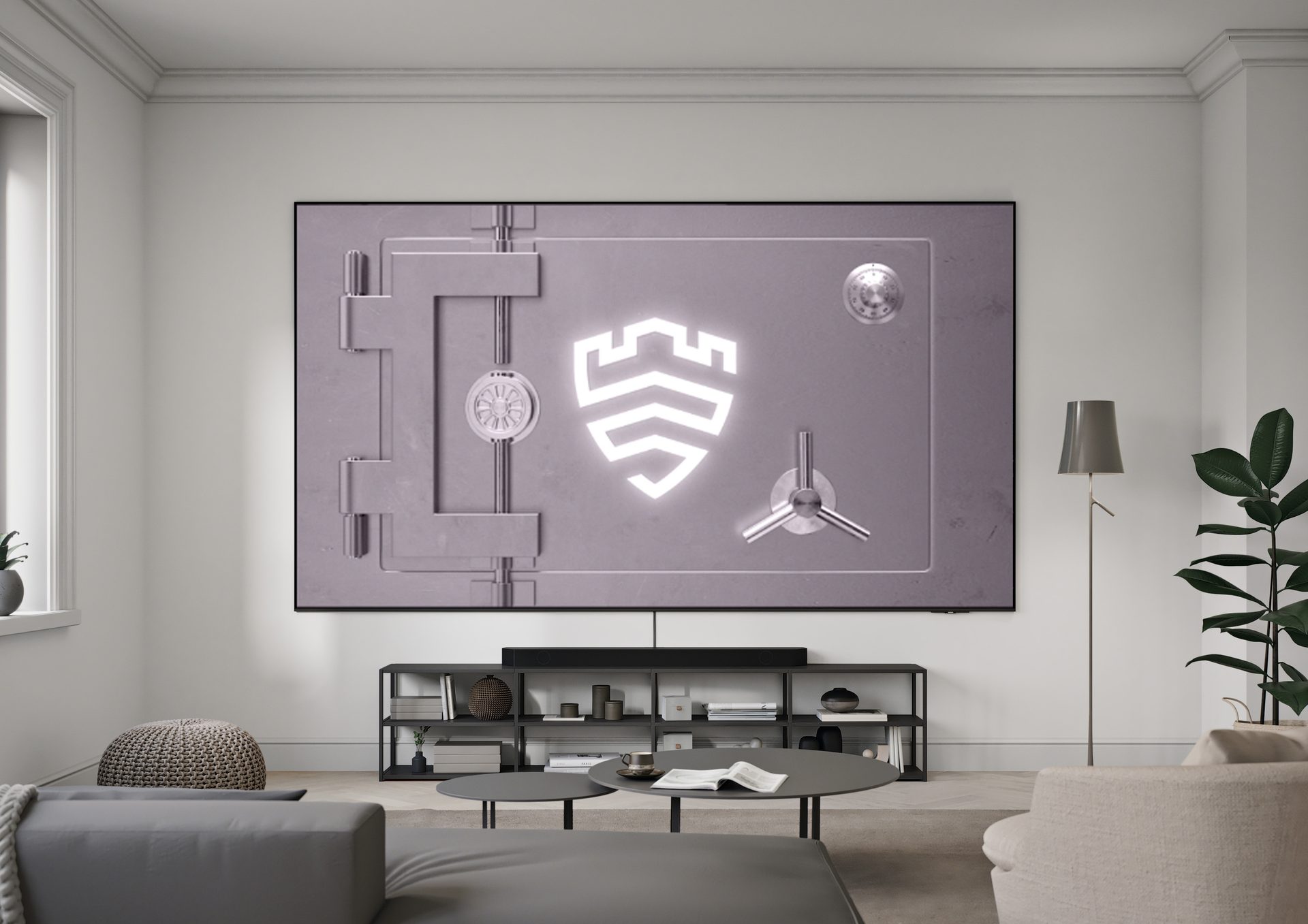 A modern living room with a large TV displaying a metallic vault door featuring a glowing shield logo.