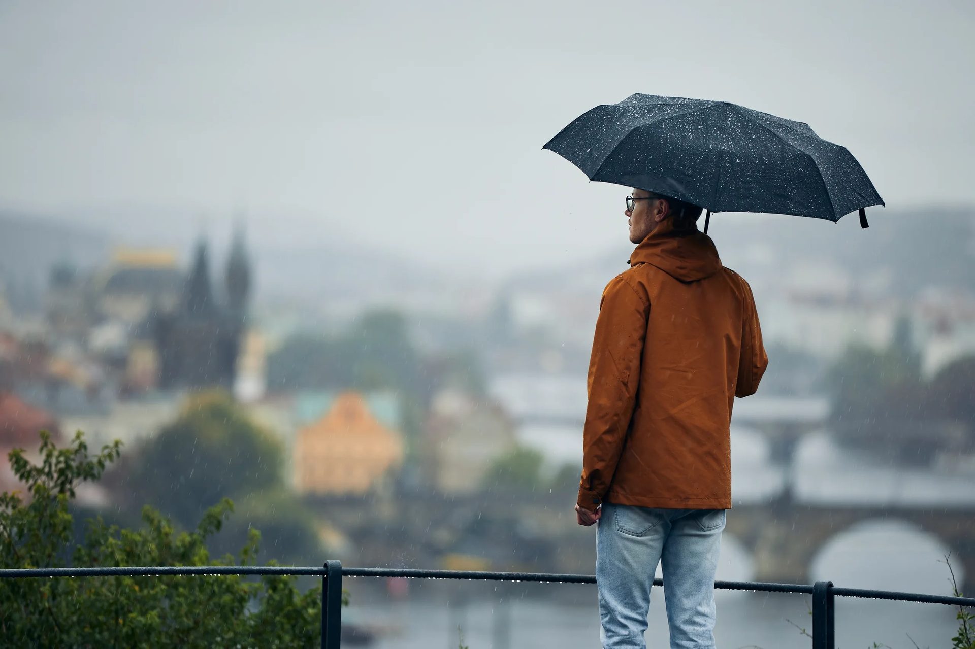 Person under umbrella overlooks rainy city.
