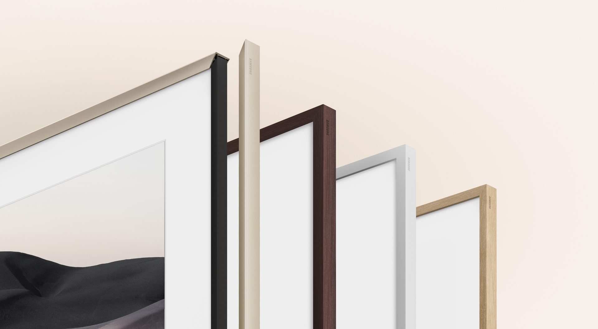 Samsung The Frame TVs with customizable bezels in beige, black, dark wood, white, and light wood.