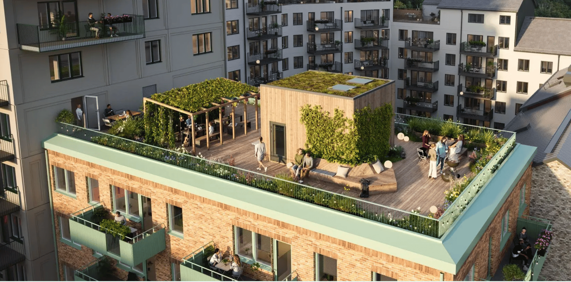 Lively rooftop garden on an urban building with people, pergolas, a green roof, and outdoor seating.