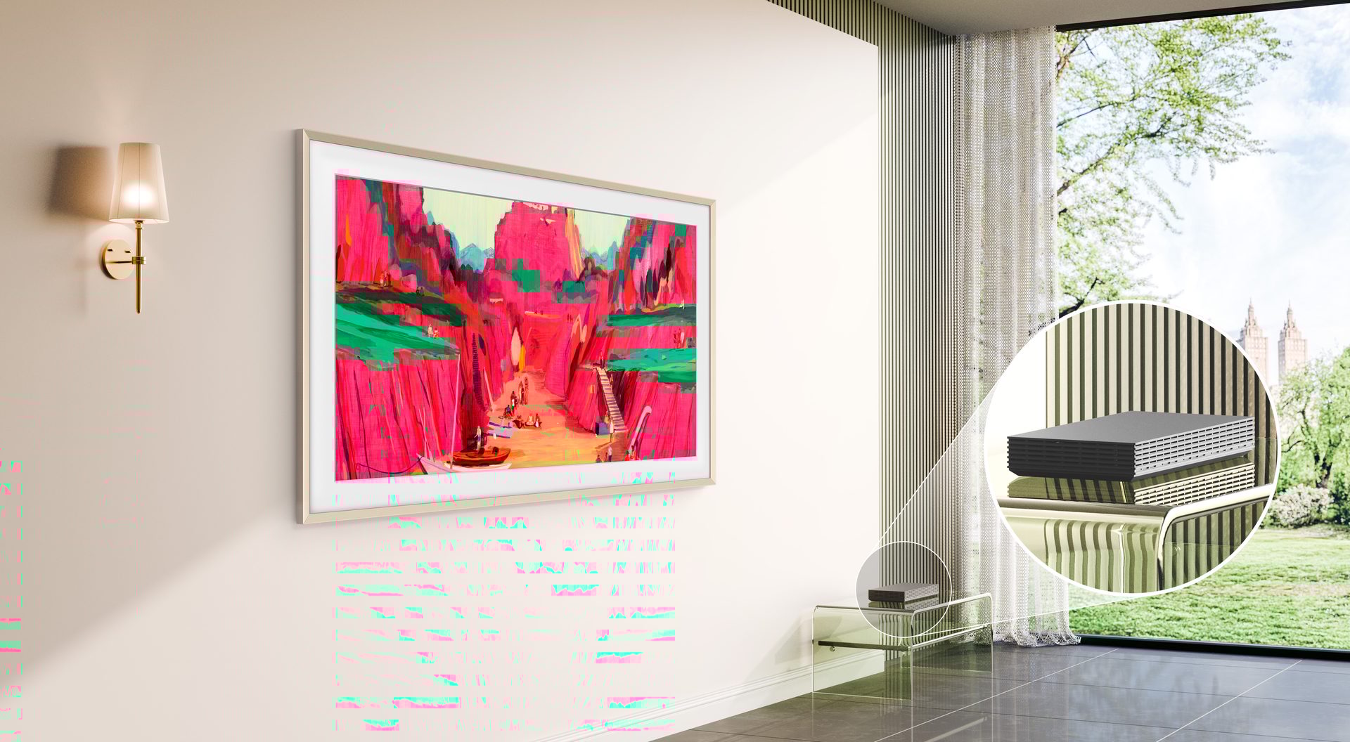 A living room with a wall-mounted TV displaying art, a window, and a magnified grey media box.