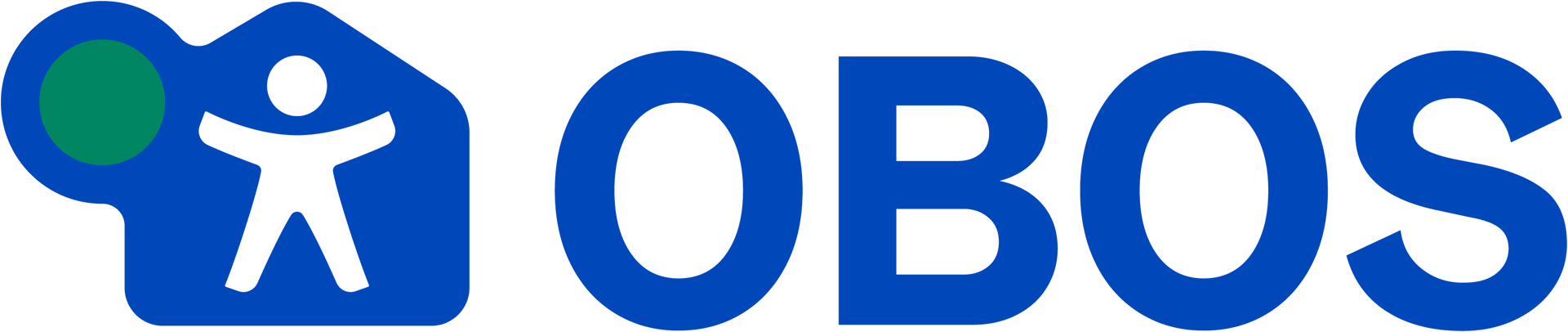 OBOS logo: blue text and a blue icon (stylized house, green circle, person cutout) on a green background.