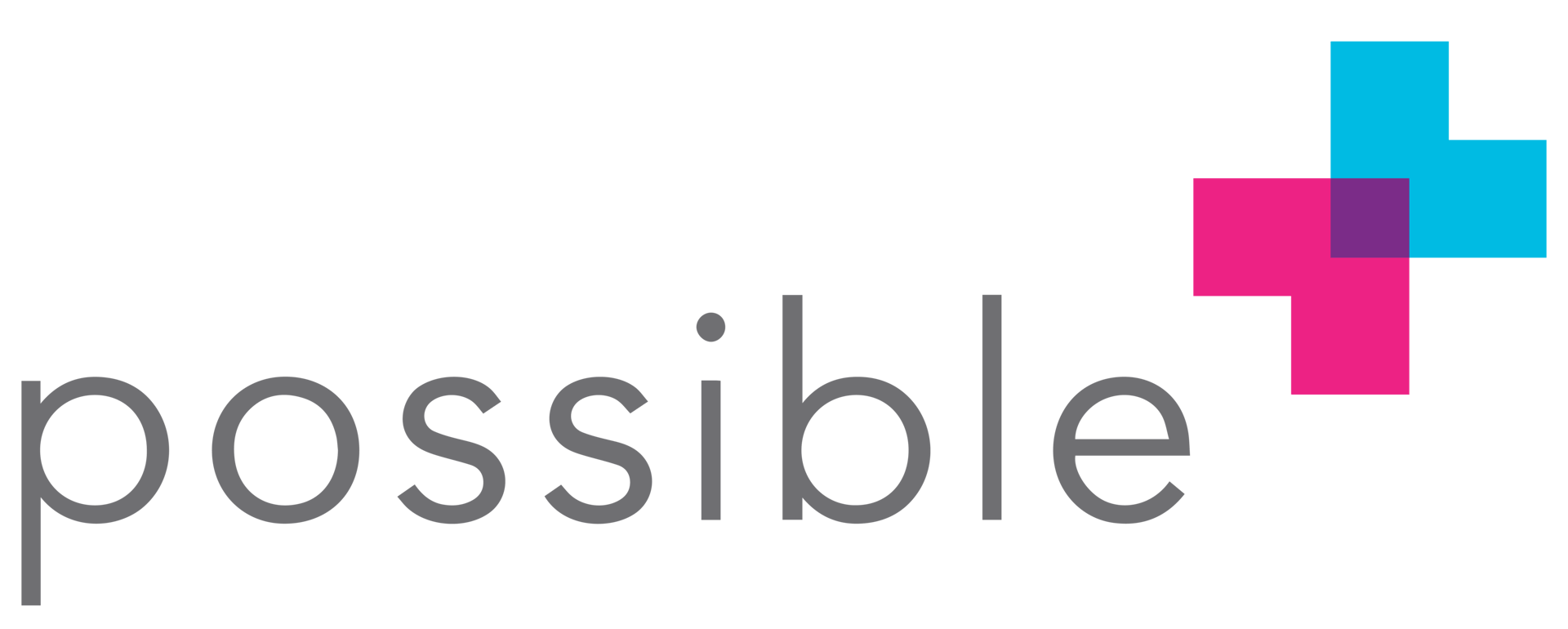 The 'possible' logo featuring grey text and an overlapping plus sign in pink, cyan, and purple.