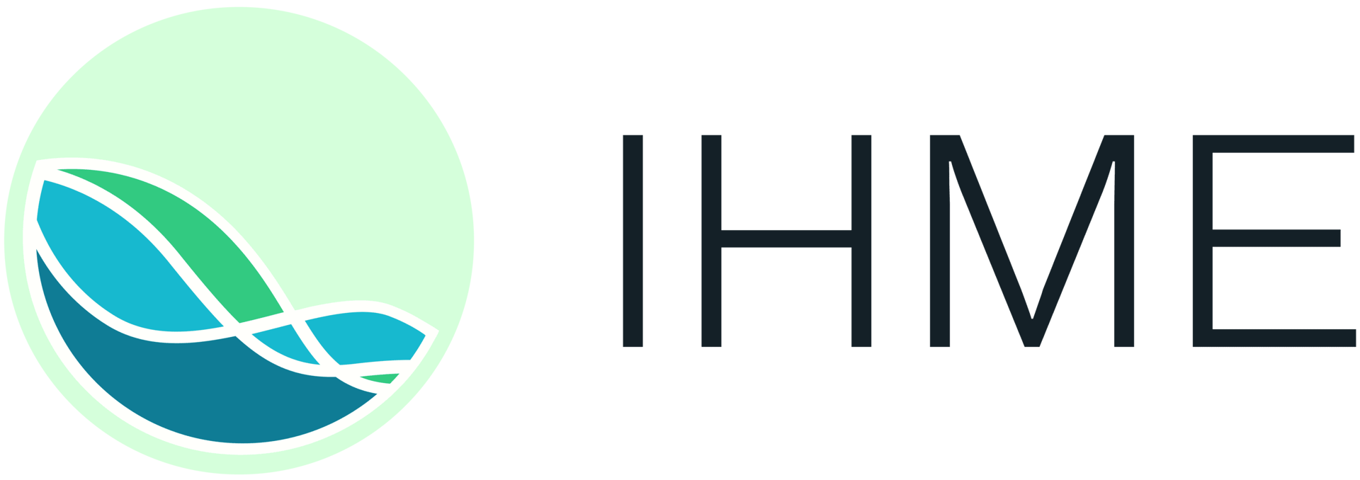 IHME logo featuring a light green circle with abstract blue and green shapes, next to dark grey text 'IHME'.