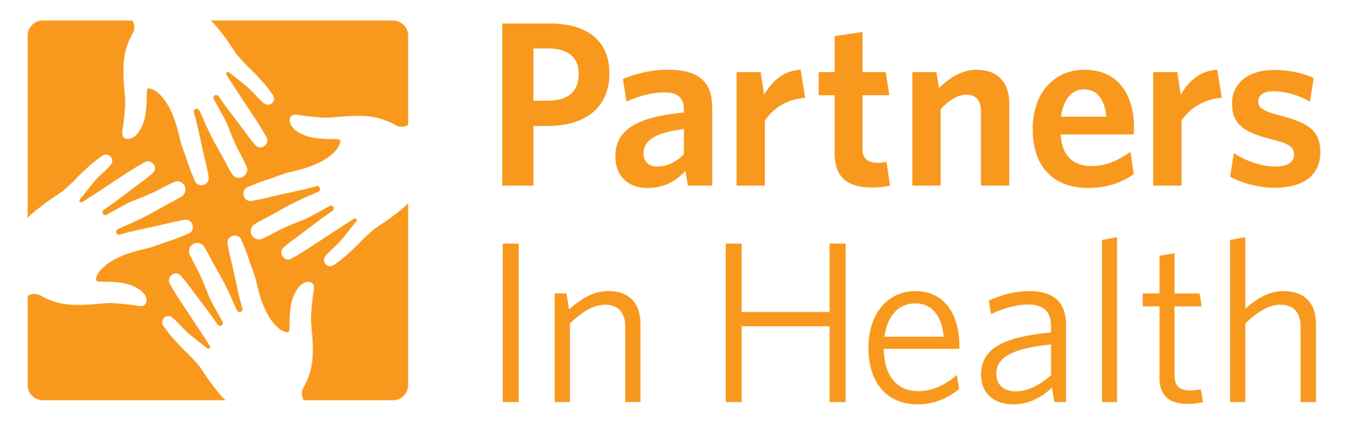 Logo for Partners In Health, featuring a graphic of hands reaching into a square and text.