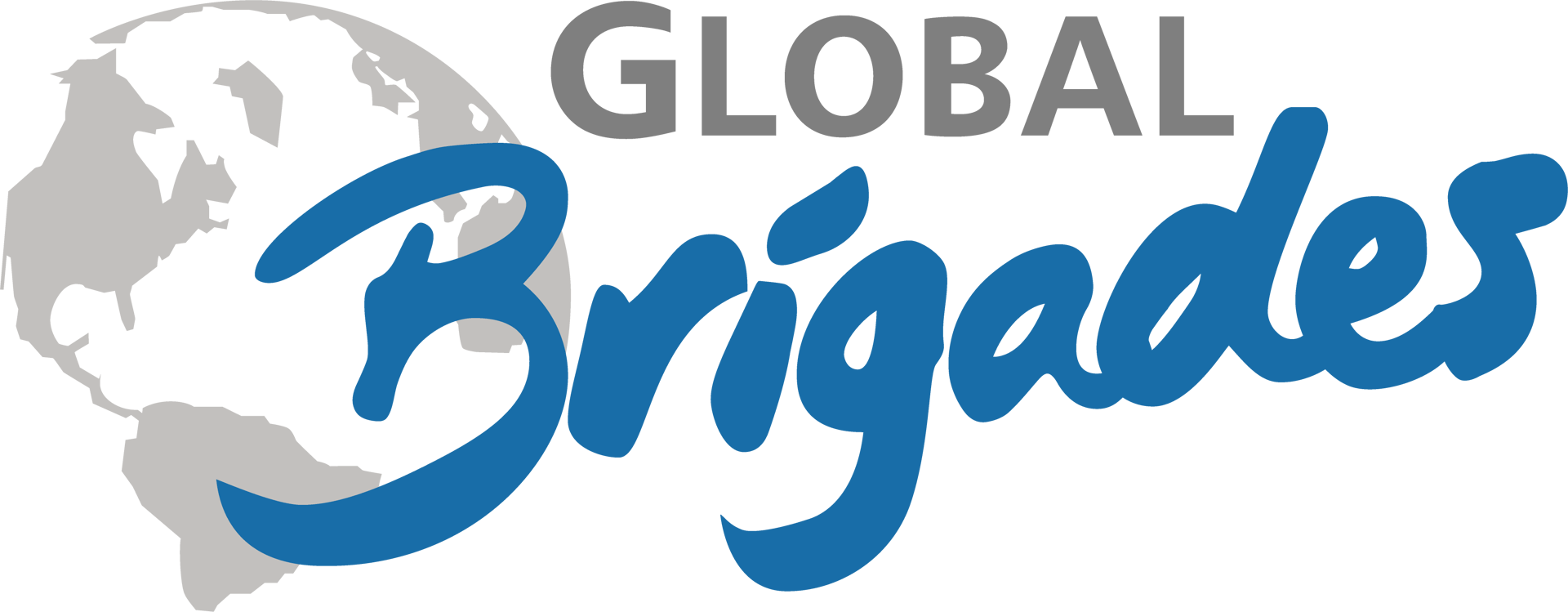 A logo for "Global Brigades" featuring a grey globe outline and blue cursive text.