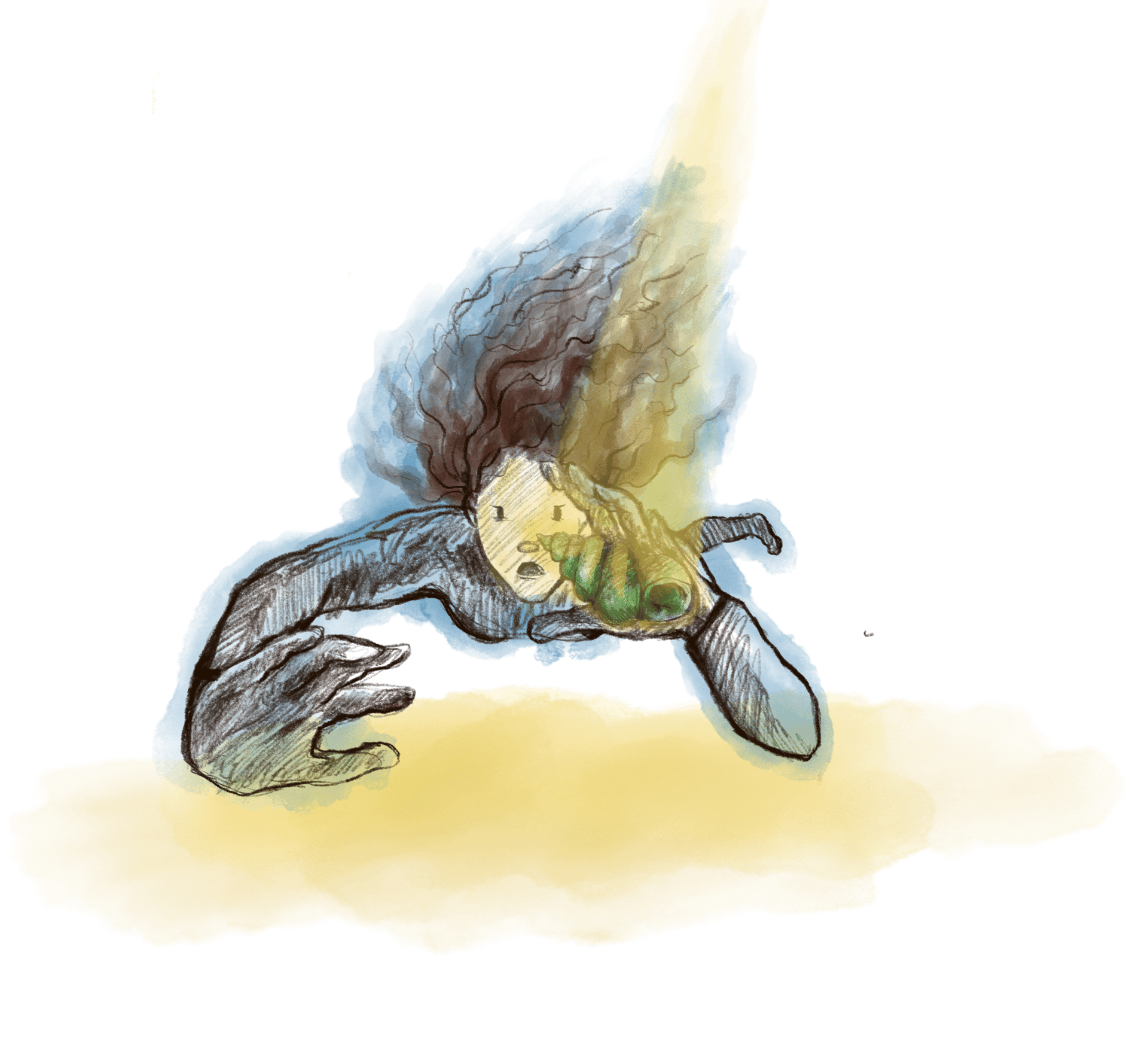 A stylized figure in blue and yellow, illuminated by bright light against a dark background.