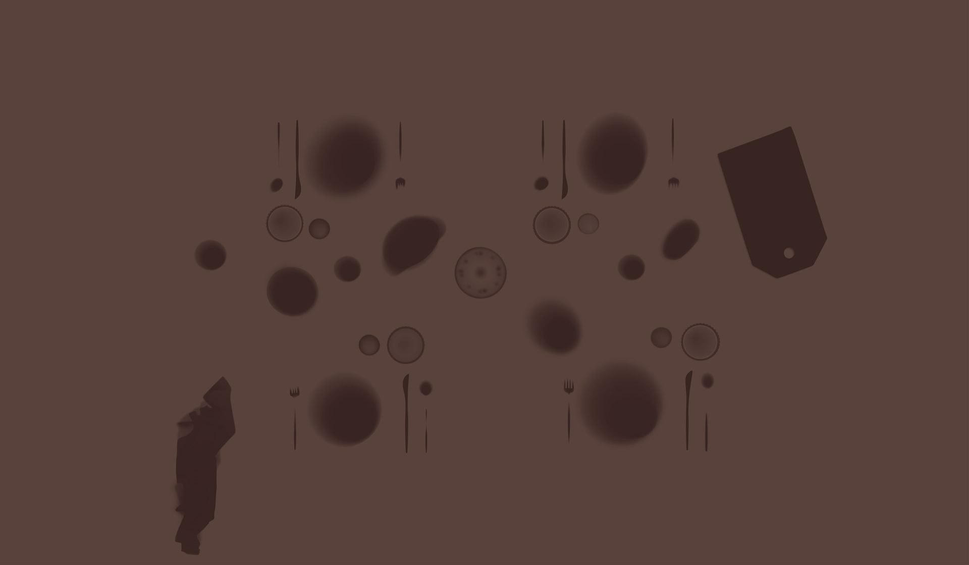 Monochromatic brown pattern of faint kitchenware: plates, cutlery, chopping board, and abstract shapes.