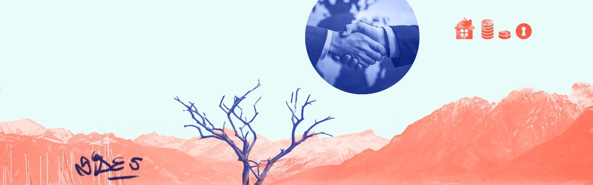 Abstract: blue handshake, finance icons, bare tree, coral mountains, graffiti.