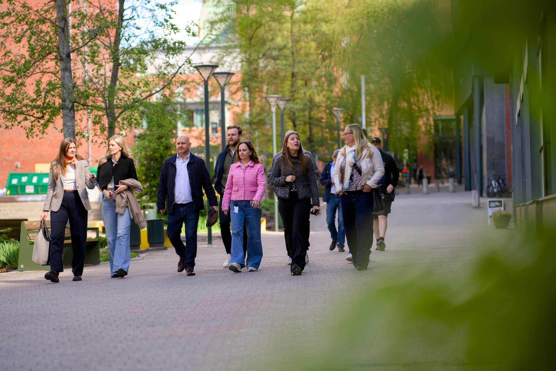 A diverse group of professionals walking casually outdoors on a paved path.